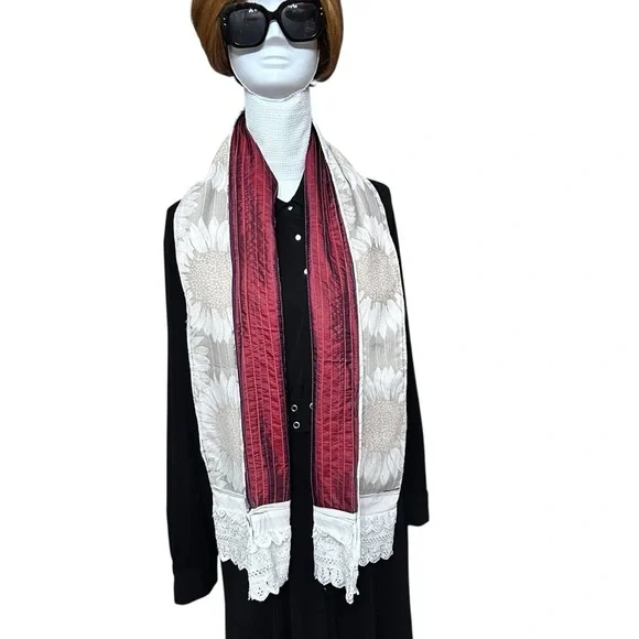 Artisan Reversible Handmade Scarf Lace Trim Sunflower + Red Gold Boho Wrap